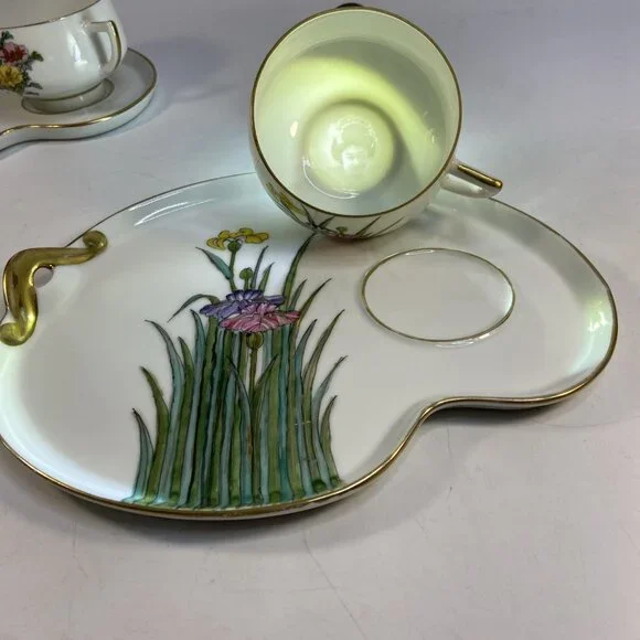 2 Kotobuki Snack Plate Shadow Geisha Tea Cup Eggshell Porcelain Floral Japan 50s